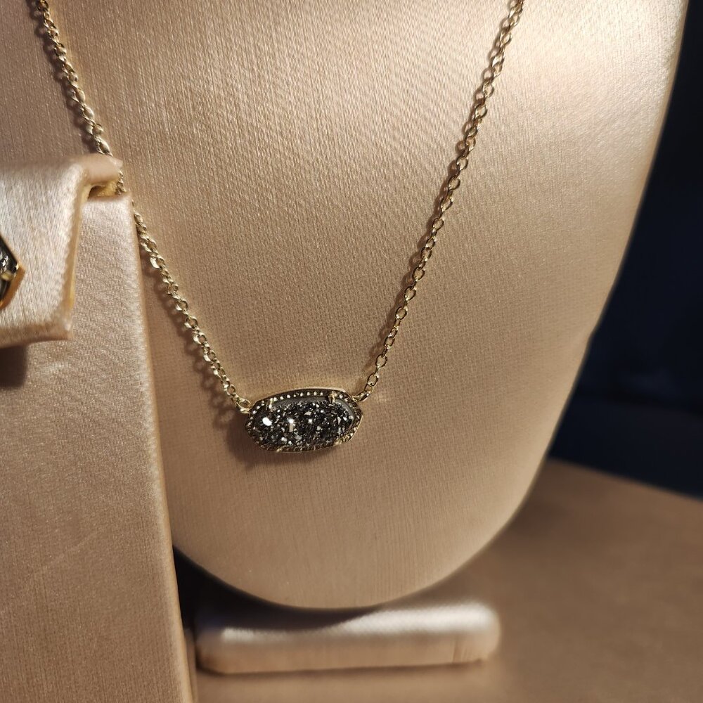 Kendra Scott Elisa Gold Platinum Drusy Necklace and  Emilie gold stud earrings - Picture 6 of 8